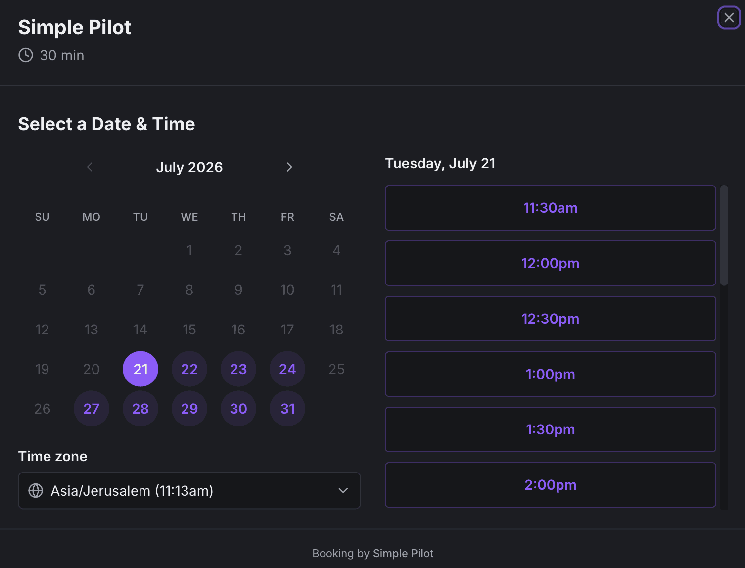 SimplePilot — online booking widget builder